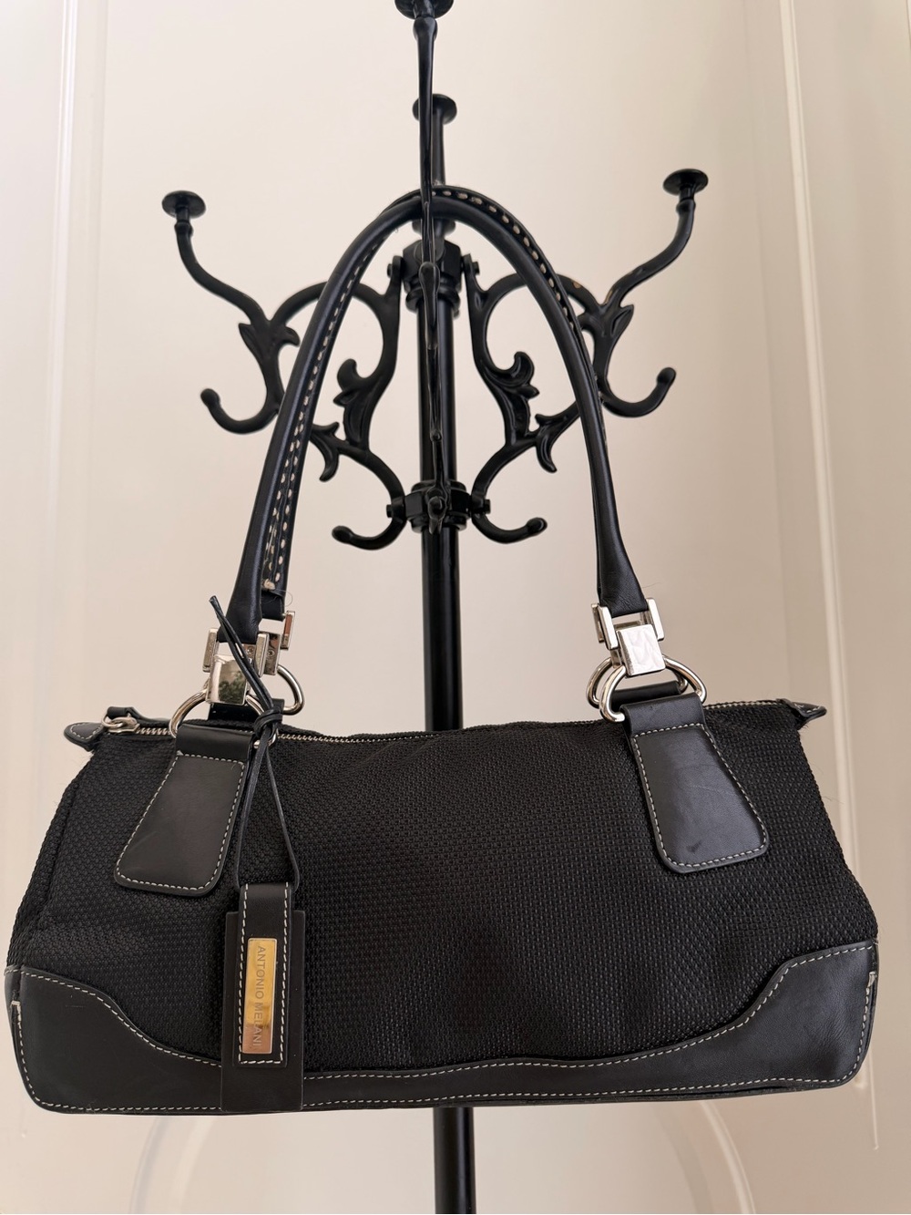 ANTONIO MELANI Black Textured Shoulder Bag with Silver Hardware Accents
